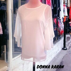 DONNA KARAN NWT TOP BLOUSE OFF WHITE SHEER FLUTTER SLEEVES MEDIUM LOOSE FIT